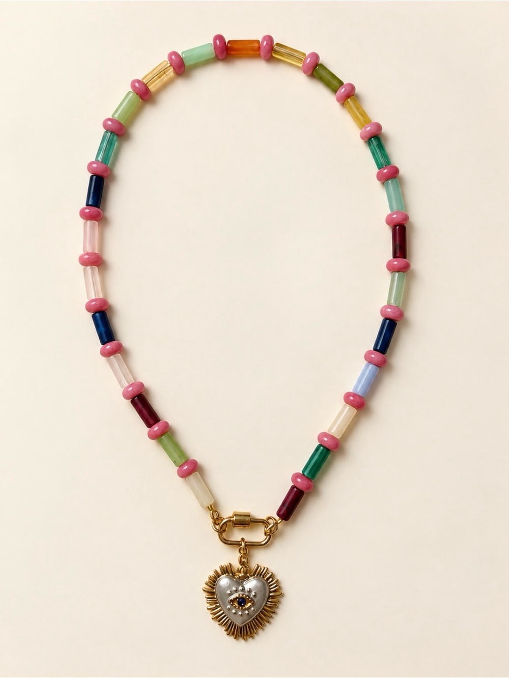 Handmade Multicolor Tube-Bead Necklace with Pink Accents & Gold Heart Pendant